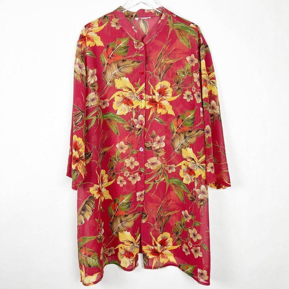 No Brand Cover-Up Button Front Over-Sized Vibrant Floral Print Salmon Yellow OS
